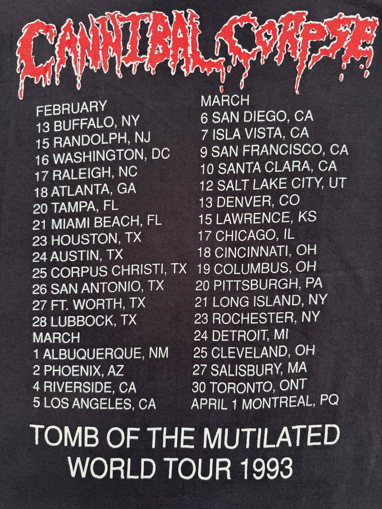 1990s Cannibal Corpse "Tomb Of The Mutilated" U.S Tour Band Tee